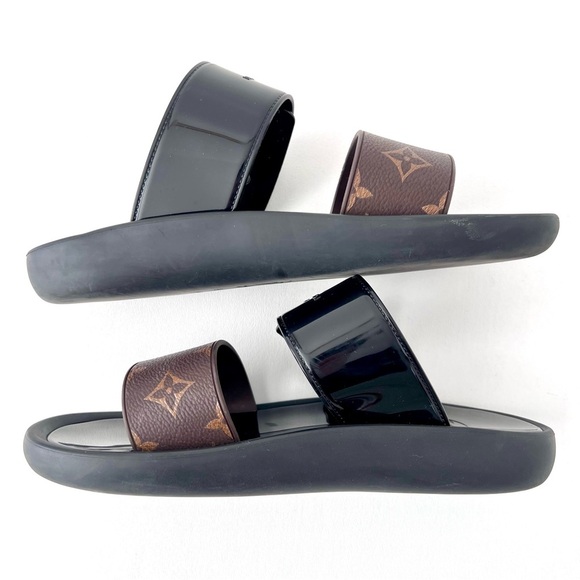 LOUIS VUITTON | Sunbath Slide LV Brown Monogram Logo Canvas Black Rubber EU 39 - Picture 9 of 10